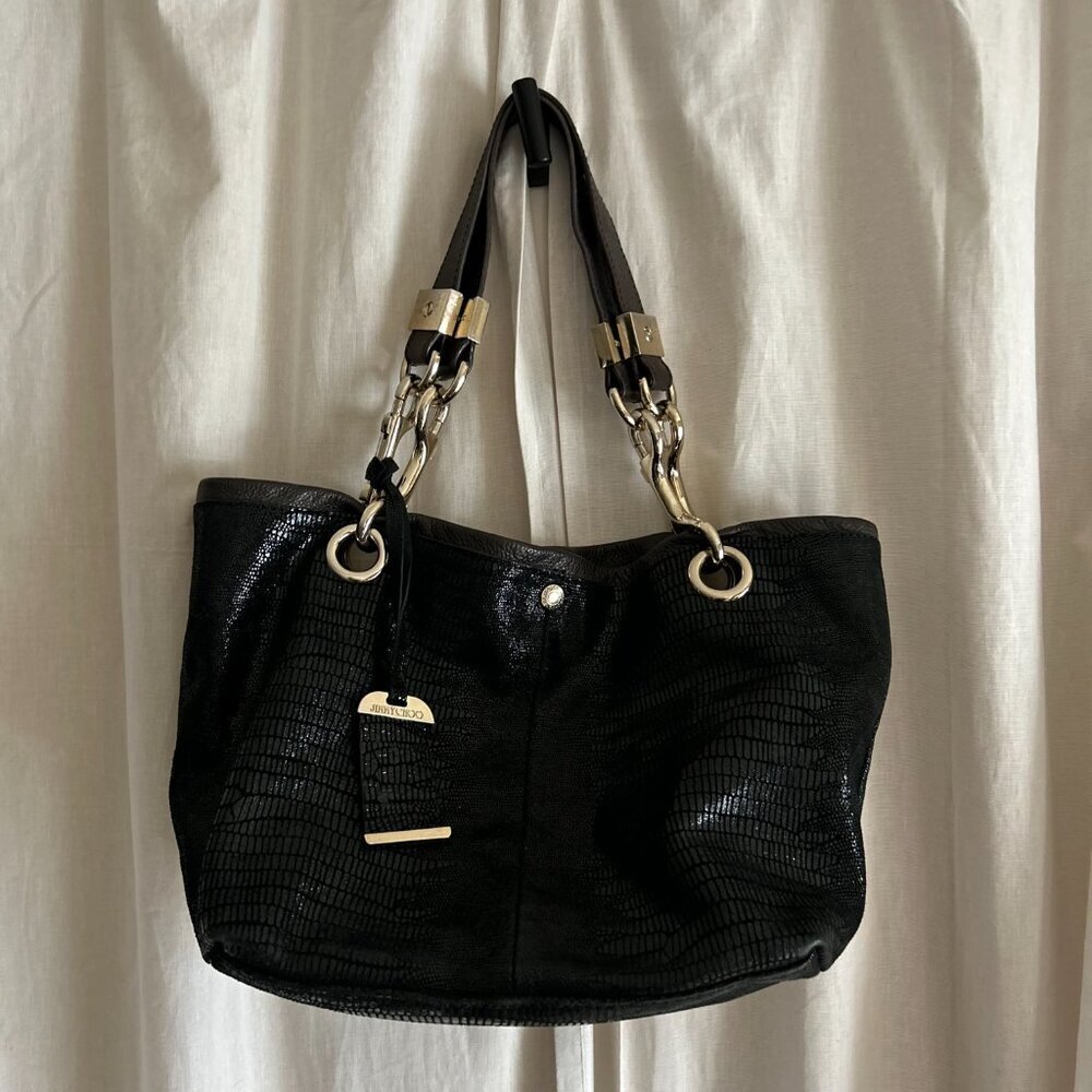 JIMMY CHOO Shoulder Bag snake print black Leather bag medium double straps